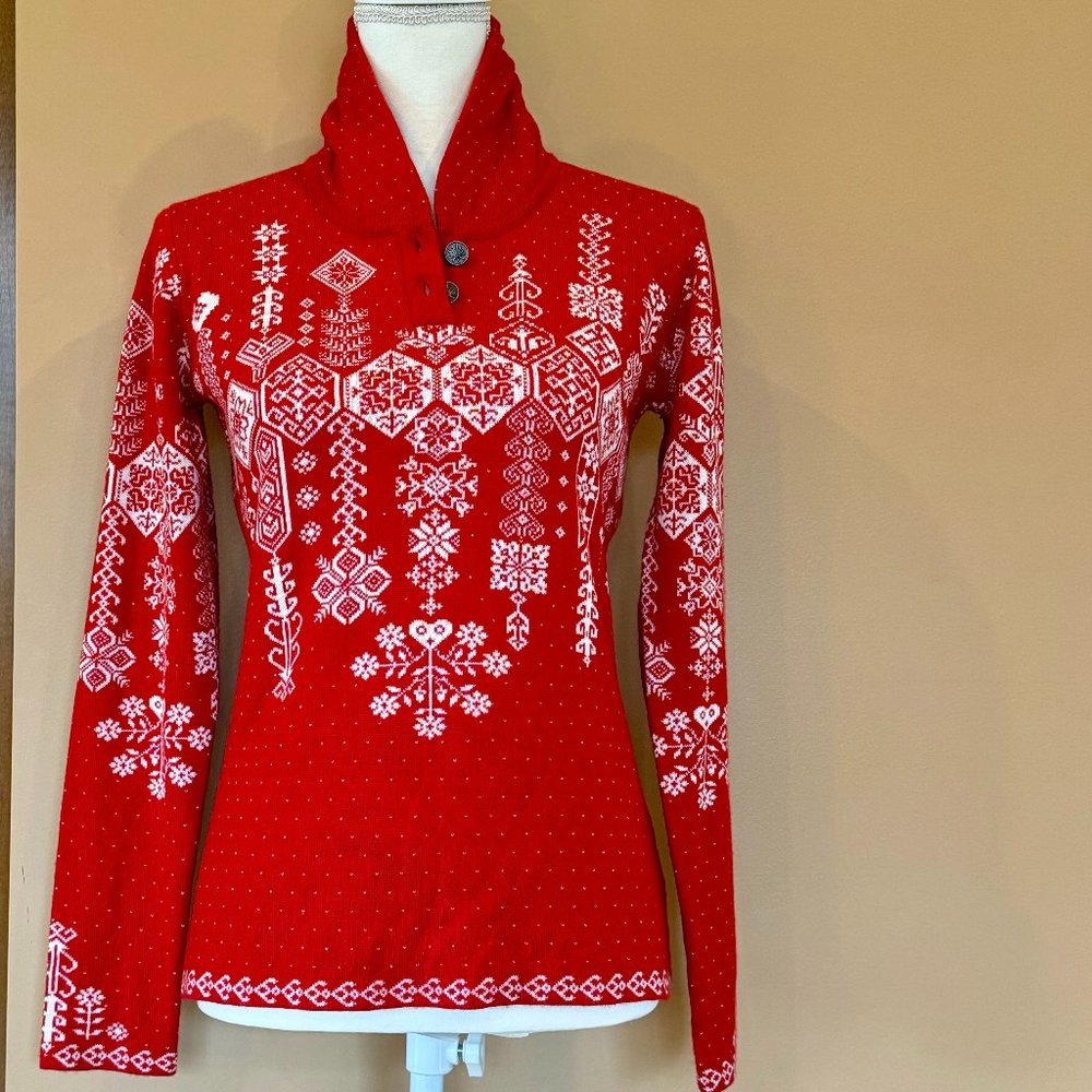 Oberymeyer "snowflake" red and white shawl collar sweater - small